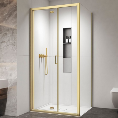 Vivox 400 & L-3811 GOLD brush - параван за баня от две сгъваеми части с водещи релси и страничен стационарен параван, прозрачно стъкло и злато мат профил