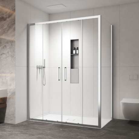 Душ параван Karag Izy 600 & L - 1312 CHROME за баня с две плъзгащи врати и странично стъкло, прозрачно стъкло и хром профил