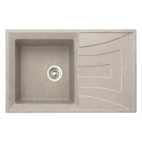 Beige concrete kitchen sink with a round metal drain at the bottom and decorative curved lines on the right panel