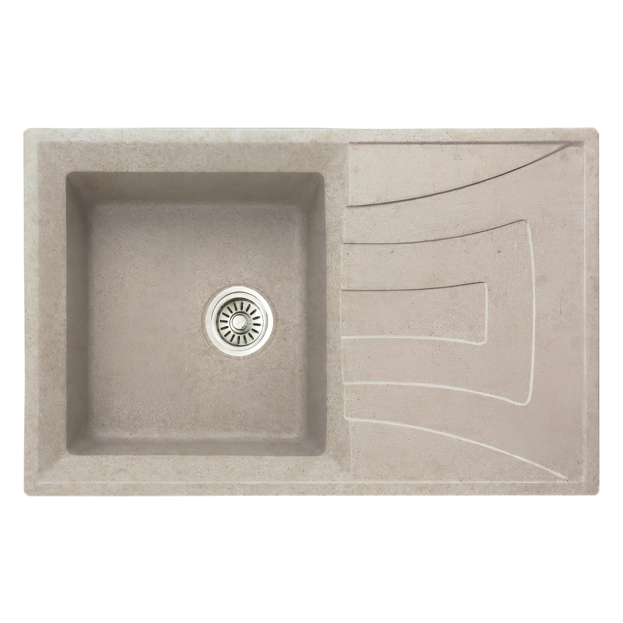 Beige concrete kitchen sink with a round metal drain at the bottom and decorative curved lines on the right panel