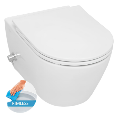 Конзолна тоалетна чиния RIM Free SP26 с бавнопадащ капак (SLIM Soft Close) и вграден смесител - Serel