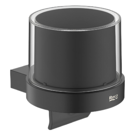 Close-up of a black cylindrical cosmetic jar with a silver ring and partial ROCA logo visible on the side.