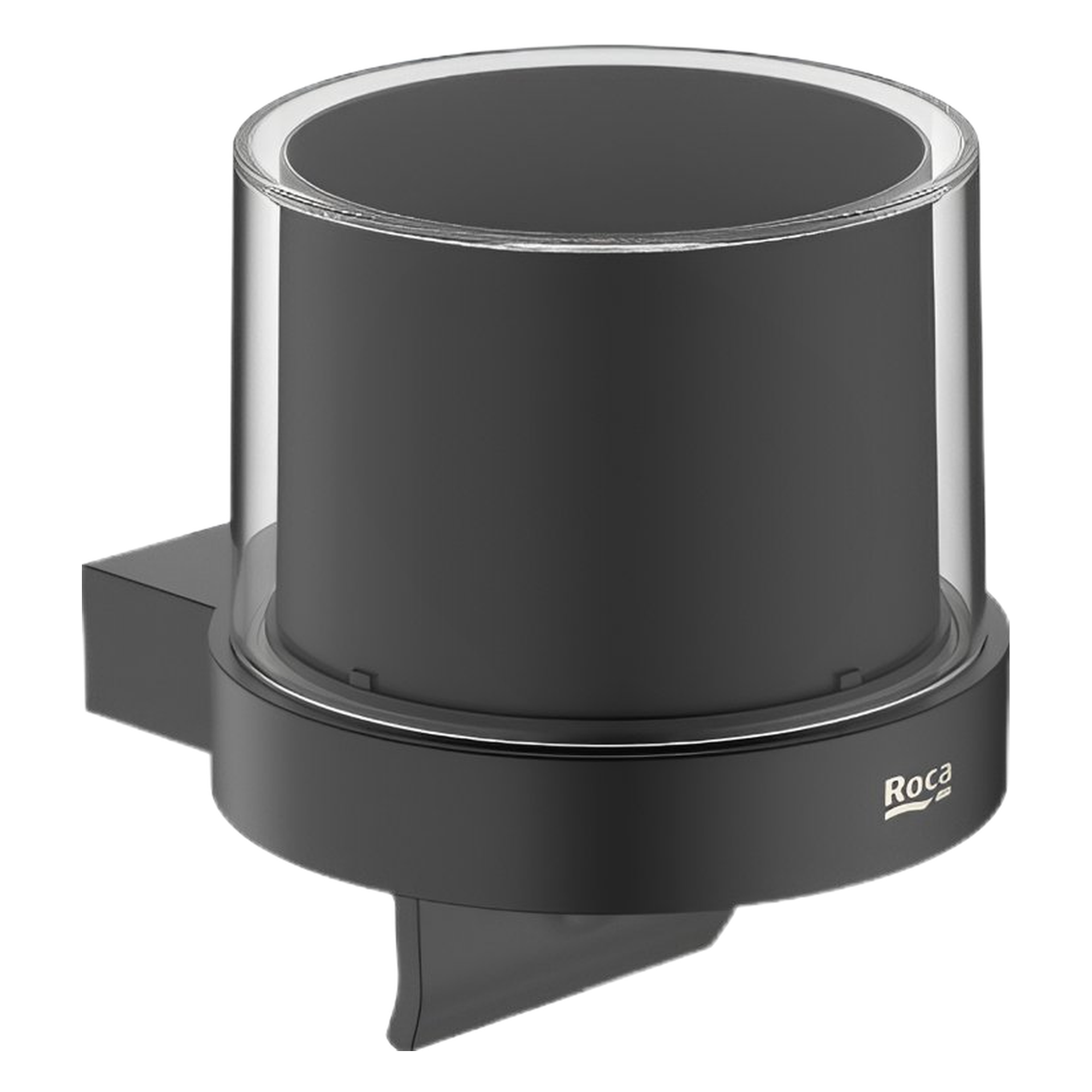 21e9fa4a-7db2-464d-af01-a14e962e0b09 - Мебели за баня и душкабини Close-up of a black cylindrical cosmetic jar with a silver ring and partial ROCA logo visible on the side.
