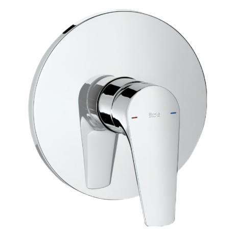 Close-up of a polished chrome faucet handle on a round wall plate.