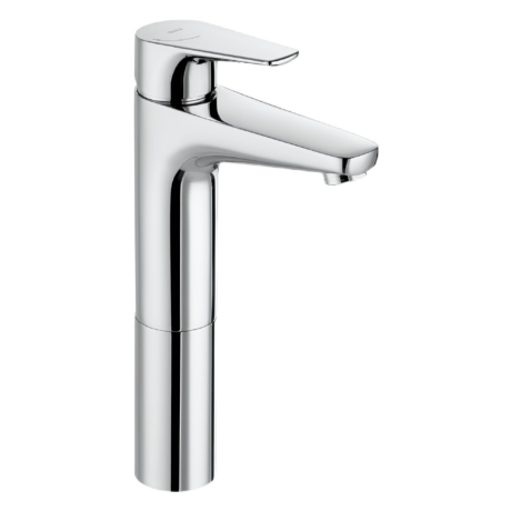 Close-up of a sleek chrome bathroom faucet with a flat lever handle on top.