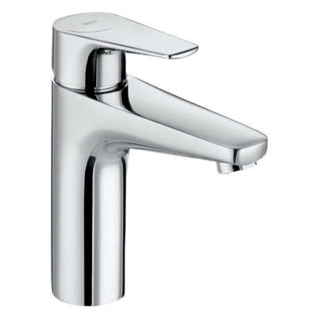 Close-up of a modern chrome bathroom faucet with a lever handle against a white background