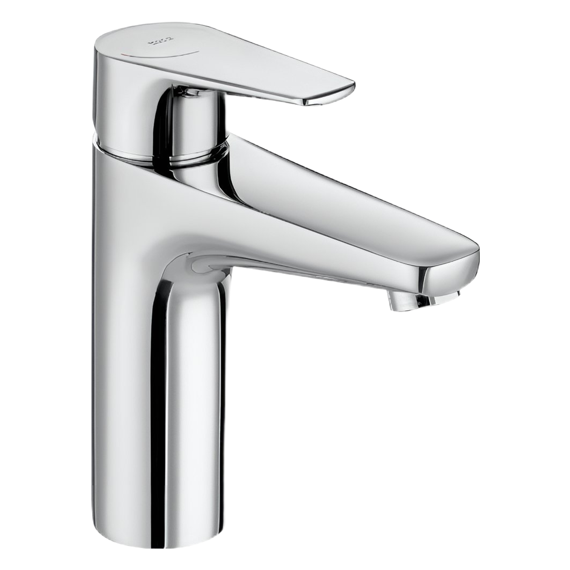 5f3ed8fb-dcd1-4872-b747-3a7c33df9eb8 - Мебели за баня и душкабини Close-up of a modern chrome bathroom faucet with a lever handle against a white background