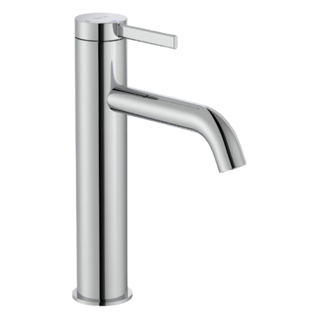Chrome kitchen faucet with a single lever handle on the side used to control water flow and temperature