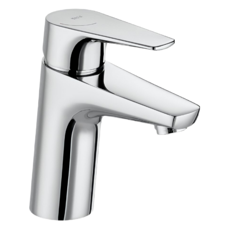 Close-up of a polished chrome faucet with a flat lever handle on a cylindrical base.
