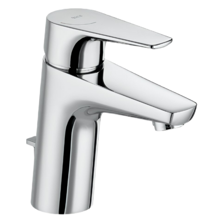 Close-up of a polished chrome single-handle faucet lever.