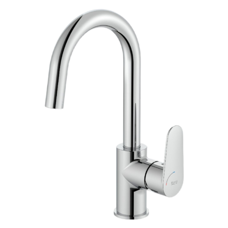 Chrome bathroom faucet with a tall curved spout and single round lever handle.