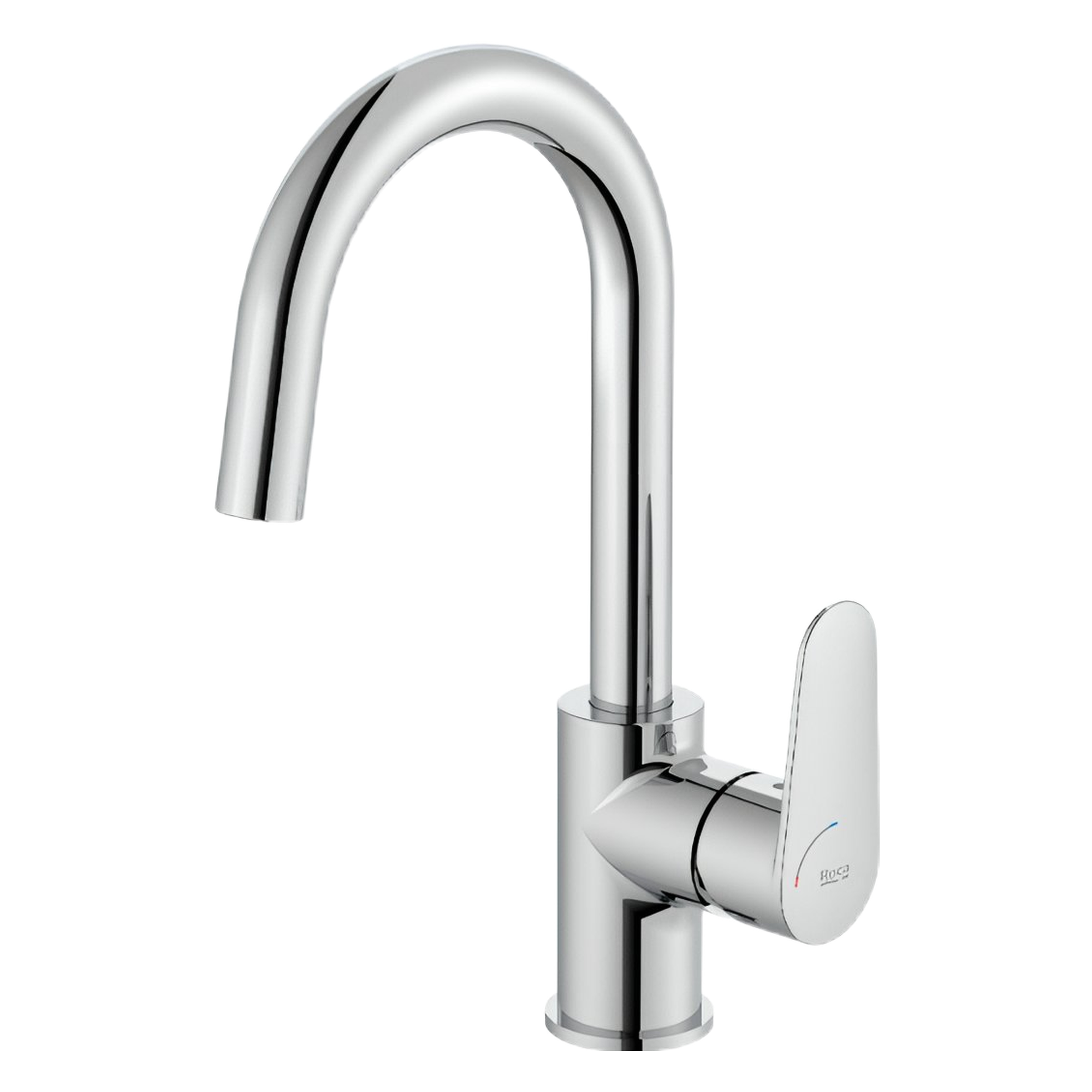 bc055e64-7623-46b1-a1b2-4b412b801b5f - Мебели за баня и душкабини Chrome bathroom faucet with a tall curved spout and single round lever handle.