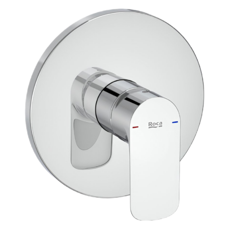 Chrome round wall-mounted faucet control with a central cylindrical knob and red/blue indicators for hot and cold water (brand: Roca).