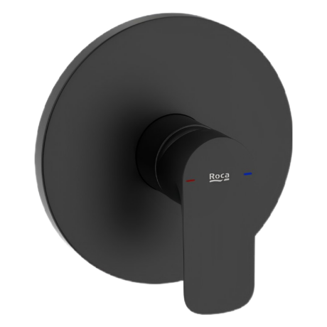 Close-up of a black circular control knob with red and blue indicators and the Roca logo visible on the dial surface.
