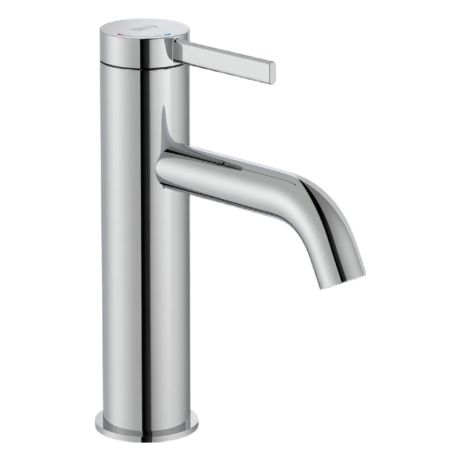 Close-up of a polished chrome kitchen faucet with a single lever handle on a cylindrical body.
