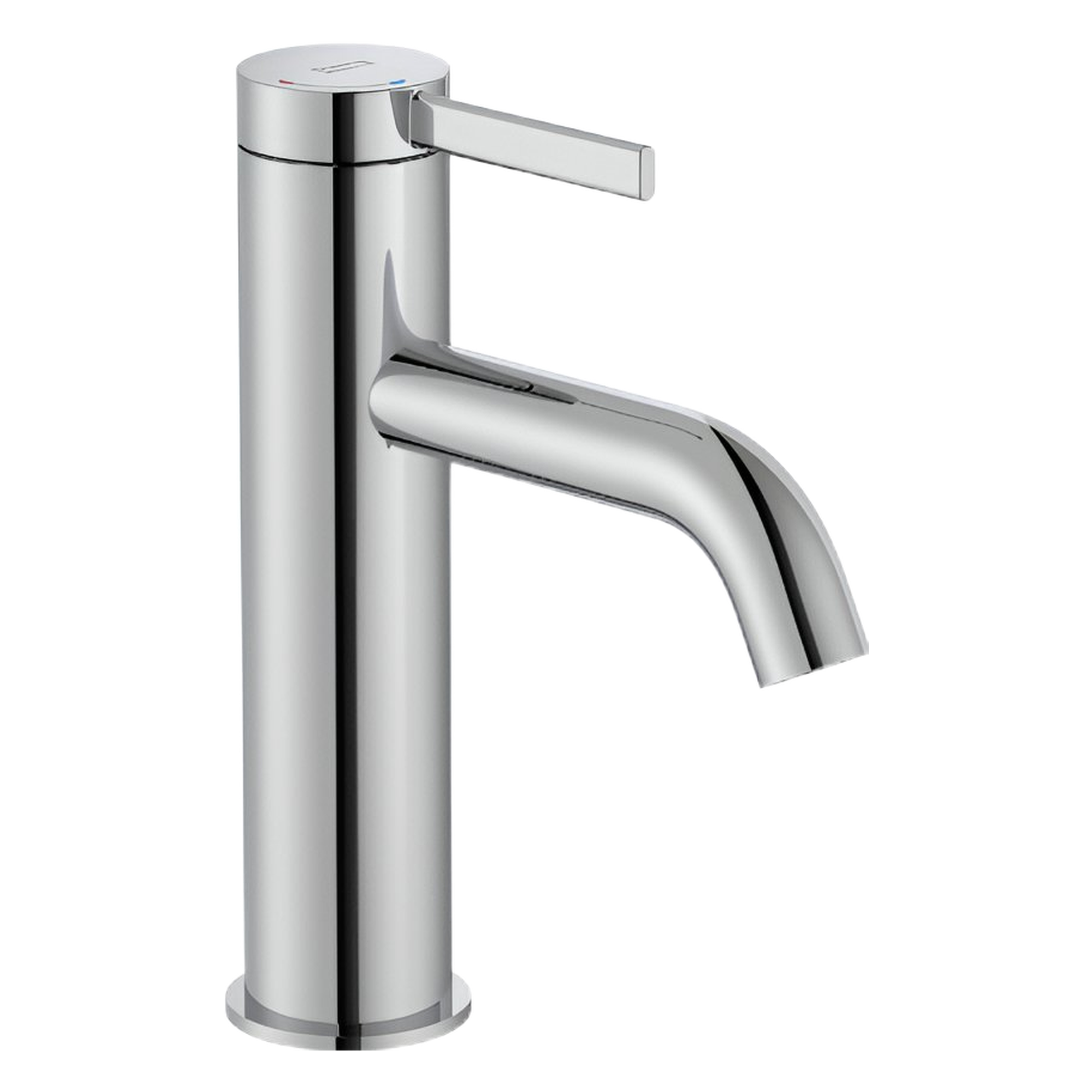 cc31e1a0-369a-4044-a23b-0d00d513bfe7png - Мебели за баня и душкабини Close-up of a polished chrome kitchen faucet with a single lever handle on a cylindrical body.