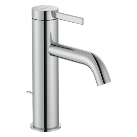 Close-up of a polished chrome kitchen faucet with a horizontal lever handle and curved spout.