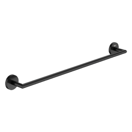 Close-up of a matte black wall-mounted towel bar with circular mounting plates, diagonally oriented across the frame.