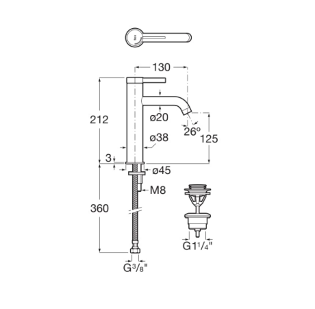 Technical drawing of a tall single‑handle faucet with dimensions (360 mm high, 130 mm reach) and G3/8 thread; lever on top and separate pop‑up drain shown.