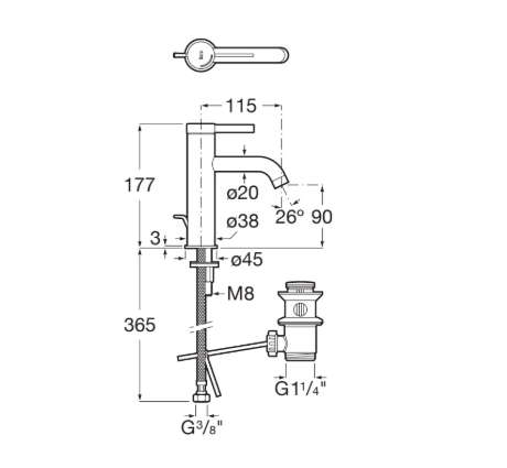 Technical schematic of a single-handle kitchen faucet showing dimensions, spout reach 115 mm, height 177 mm, outlet diameters Ø20/Ø38, 26° elbow, and threaded connections (G3/8, M8, G1/4) with drain.