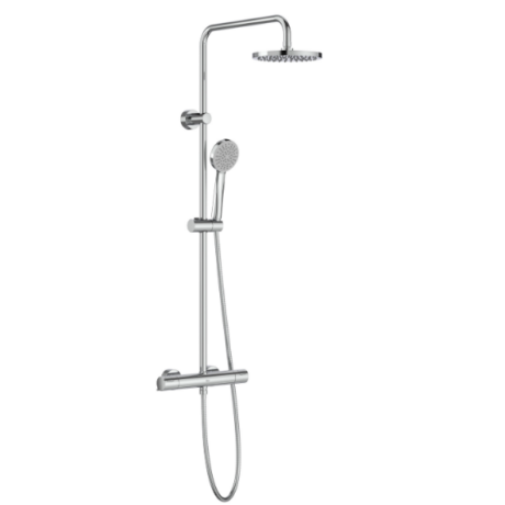 Chrome shower column with overhead rainfall head and detachable handheld spray on a flexible hose.