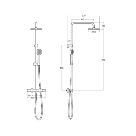 Technical drawing of a wall-mounted shower system with a handheld shower on a vertical rail and an overhead curved spout, with dimensions shown.