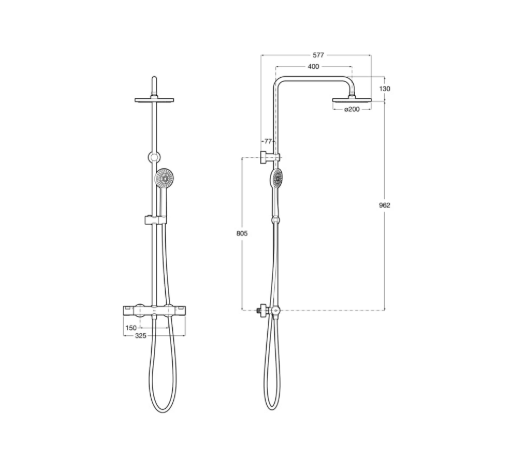 ekranna-snimka-2026-07-09-090411png - Мебели за баня и душкабини Technical drawing of a wall-mounted shower system with a handheld shower on a vertical rail and an overhead curved spout, with dimensions shown.