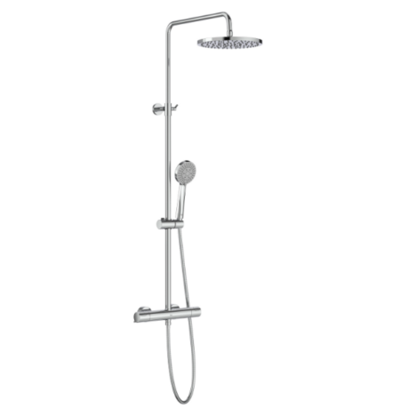 Chrome shower system with fixed rainfall head and handheld spray wand on a vertical bar, wall-mounted.
