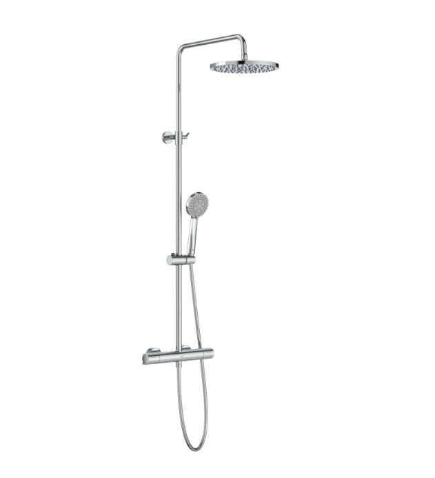 ekranna-snimka-2026-07-10-083344png - Мебели за баня и душкабини Chrome shower system with fixed rainfall head and handheld spray wand on a vertical bar, wall-mounted.