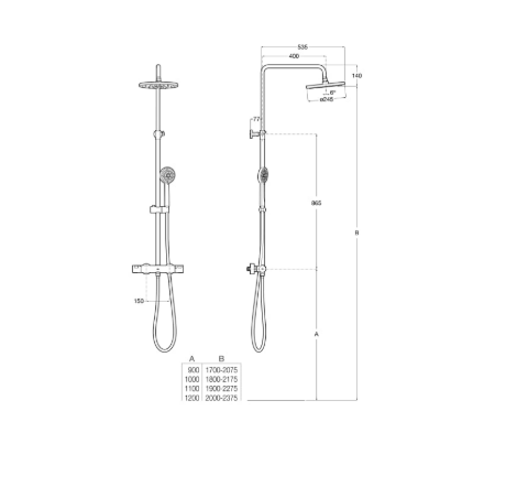 Technical schematic of a wall-mounted shower system with rain head and handheld unit, including millimeter dimensions.