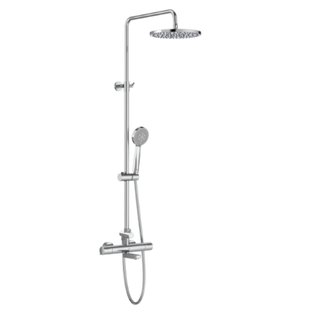 Chrome rain shower system with curved overhead head, vertical bar, and handheld wand.