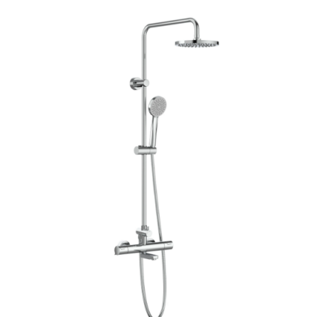 Chrome wall-mounted shower system with a vertical arm, overhead rainfall head, and a detachable handheld shower on a sliding rail with hose.