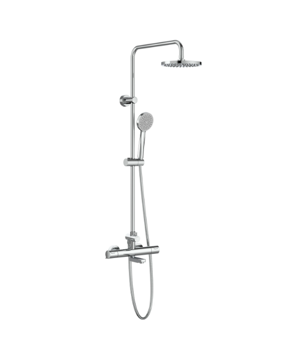 ekranna-snimka-2026-07-10-084545png - Мебели за баня и душкабини Chrome wall-mounted shower system with a vertical arm, overhead rainfall head, and a detachable handheld shower on a sliding rail with hose.