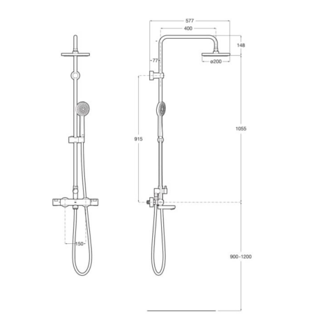 Technical schematic of a dual shower system with handheld head and fixed overhead rainhead, including dimension lines and fittings.