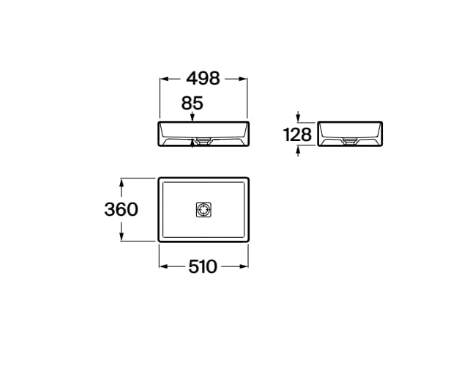 Technical drawing of a rectangular ceiling light shown in three views: top view 510 mm wide by 360 mm high, front view 498 mm wide with 85 mm depth, and side view 128 mm tall.