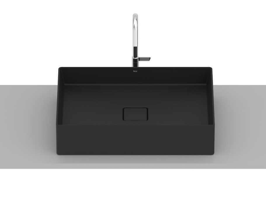 Екранна снимка 2026-07-22 081706 - Мебели за баня и душкабини Rectangular black kitchen sink with a tall chrome faucet mounted on a light gray counter.