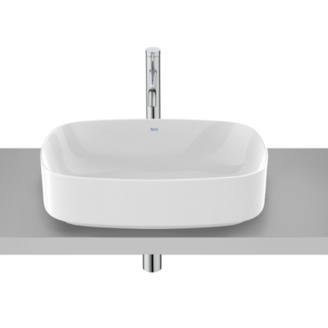 Modern white rectangular vessel sink on a gray countertop with a tall chrome faucet behind it