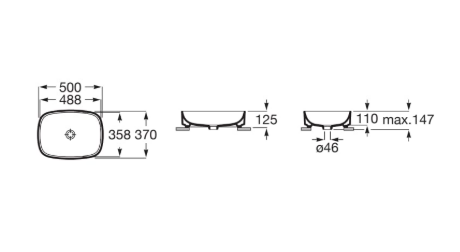 Technical drawing of a rectangular basin/sink shown from top, side, and front with labeled dimensions: overall width 500 mm, inner width 488 mm, depth 358–370 mm, height 125 mm, outlet diameter Ø46 mm.