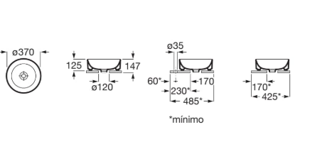 Technical drawing of a round component with multiple views and dimensions: top view Ø370, side profiles with various widths and depths (125 mm, 147 mm, 170 mm, 230 mm, 485 mm), a second top view Ø335, and minimum clearance notes marked with an asterisk.