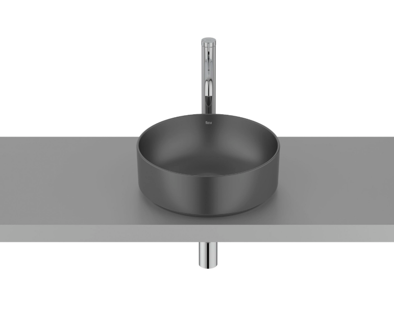 Екранна снимка 2026-07-22 084951 - Мебели за баня и душкабини Round gray basin sink with a tall chrome faucet on a gray countertop.