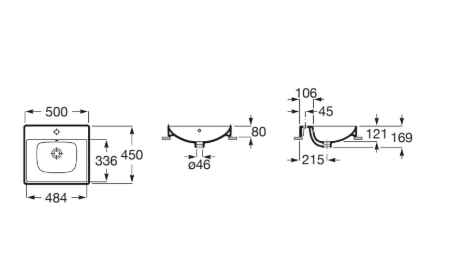 Engineering drawing of a rectangular bathroom sink showing multiple views and dimension callouts (width, depth, bowl size, and drain Ø46 mm).
