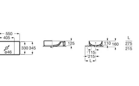 Technical drawing of a rectangular sink showing top, side, and sectional views with overall width 550 mm, inner bowl width 405 mm, and depths around 330–345 mm; side view includes mounting depth 125 mm, with length L options at 275 mm or 215 mm.