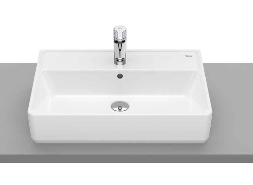 Екранна снимка 2026-07-26 173529 - Мебели за баня и душкабини White rectangular bathroom sink with a chrome faucet on a gray countertop.