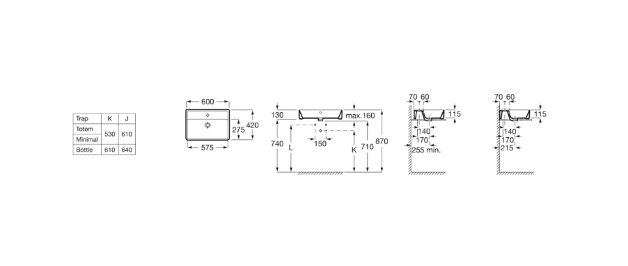 Екранна снимка 2026-07-26 173606 - Мебели за баня и душкабини Engineering drawing of a bathroom trap with dimensioned views (plan, front, and side) and a specification table listing trap sizes and clearances in millimeters.