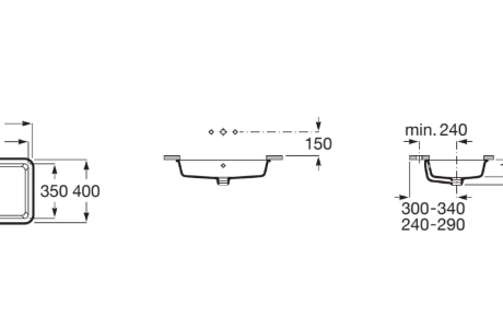 Technical drawings for a rectangular bathroom sink: left is a top-plan showing outer frame 600×550 mm; center is the front elevation of the basin with about 150 mm depth; right is a side view showing mounting clearances and minimum 240 mm height.