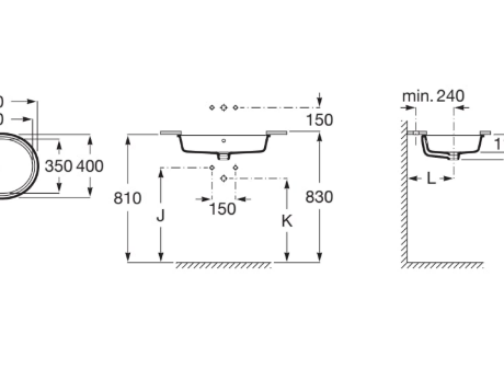 Installation drawing of an oval bathroom sink with top, front, and side views showing overall 600 mm length, 350–400 mm width, 810–830 mm height, bowl depth 150 mm, and required wall clearances (min. 240 mm).