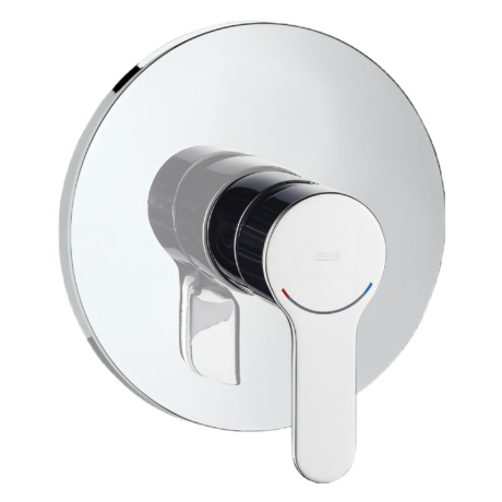 Close-up of a chrome circular thermostat dial with red and blue indicators on a white background.