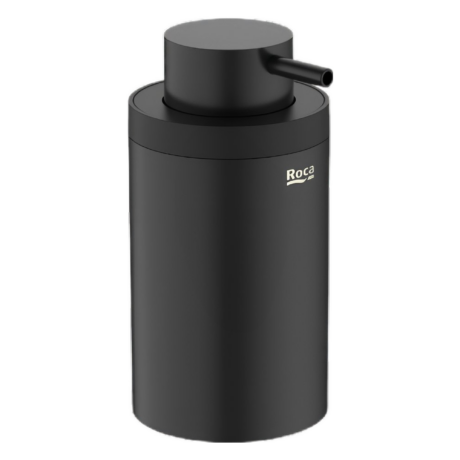 Black cylindrical container with a small side nozzle, viewed from the front.