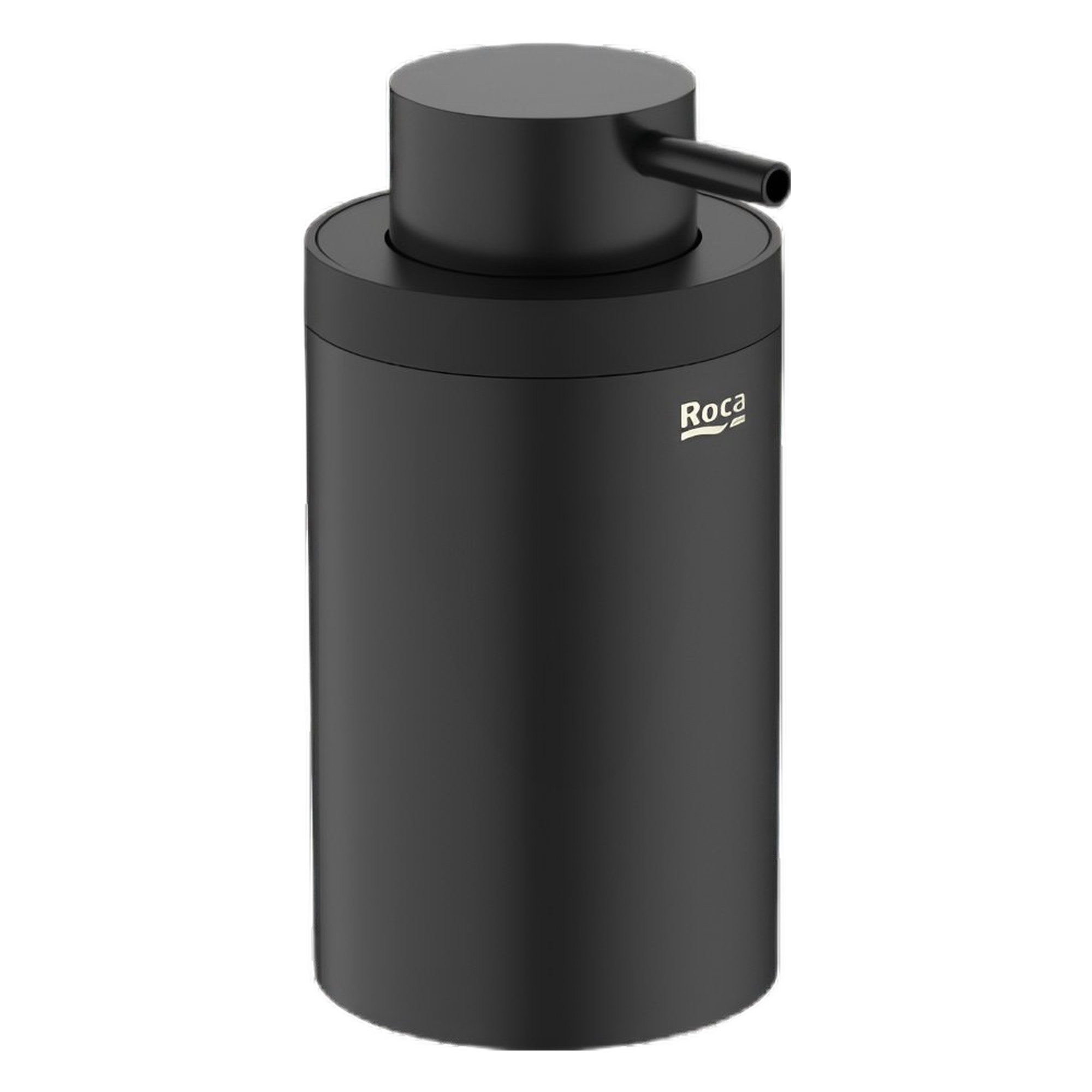 f56a1085-9d90-4251-b811-47d0565c64da - Мебели за баня и душкабини Black cylindrical container with a small side nozzle, viewed from the front.