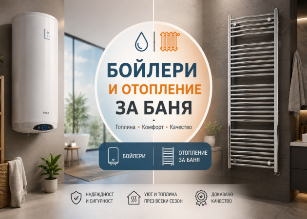 Modern bathroom scene with a tall white boiler on the left and a chrome towel radiator on the right, centered by a large circular sign with Cyrillic text advertising boilers and bathroom heating (Bojери и отопление за баня).